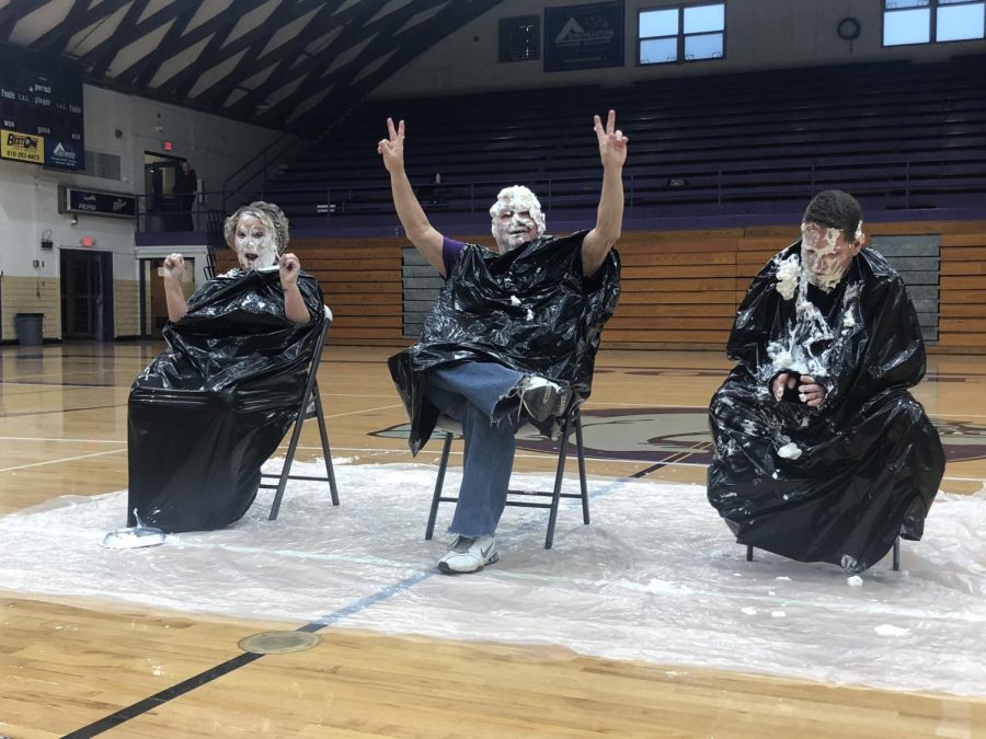 (Left to right) Rita Griffiths, Steve Vinyard, and Marcus Questelle after getting a pie to the face