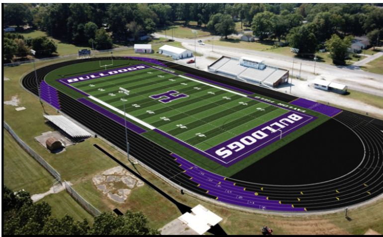 An artist’s rendering shows what
the new turf and track, done by
ATG Sports Industries, will look
like when finished.