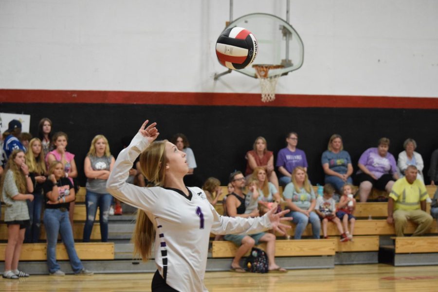 Sophomore Kinzleigh Smothers serves the ball over to the Galatia Bearcats Sept. 14