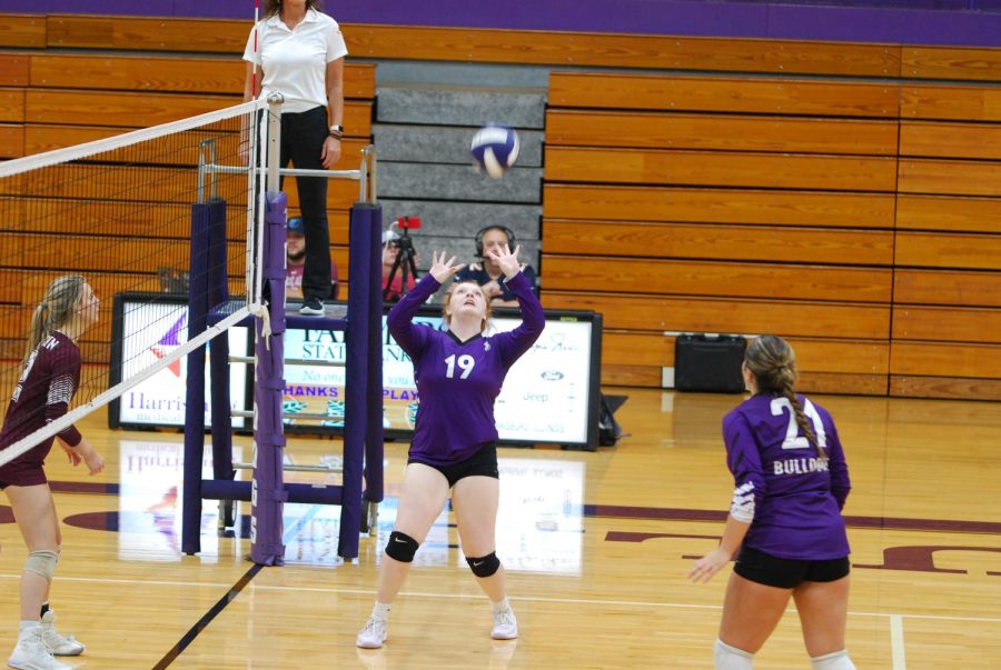 Sophomore Kaylee Kings sets the ball for teammate Laynie Kleinfeldt in the Sept. 8 match against Benton.