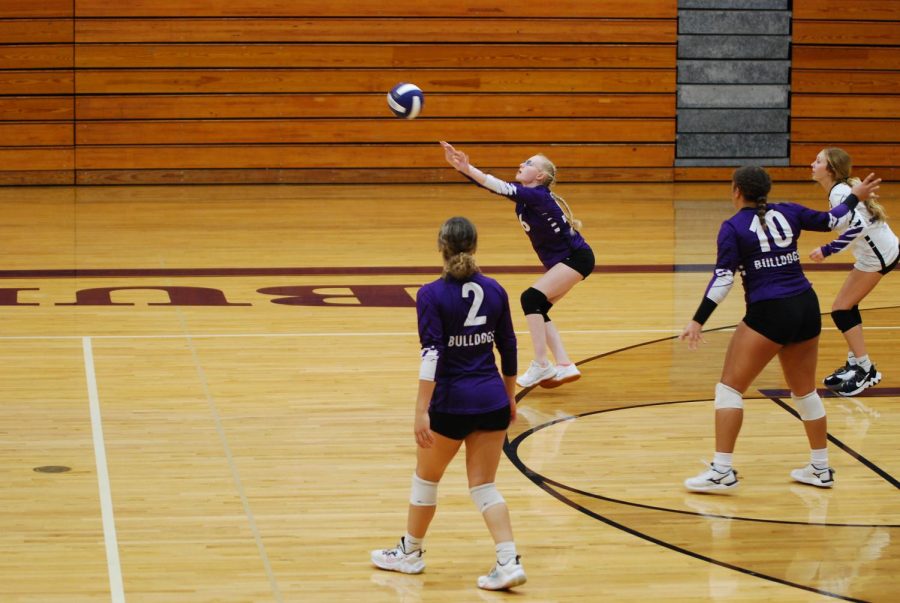 Junior Kennedy Borders sets the ball against the Benton Rangerettes in the varsity match Sept. 8. 