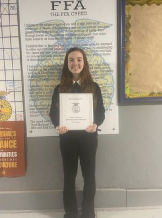 Prior to attending the farm show, Junior Grace Trammel placed first in her category at the Section 25 Proficiency contest. Her area was Specialty Crop Production - Placement, and her record book was journaled on her employment at Peony Hill Farm in Harrisburg.  

Agricultural Proficiency awards are based on a member’s Supervised Agricultural Experience (SAE). They recognize individual skills and career-based competencies developed through multiple years of participation in Immersion type SAE projects. To be eligible to compete for an agricultural proficiency award SAEs must be agricultural in nature, fit into at least one nationally recognized agriculture, food and natural resource (AFNR) pathway and meet the description of the award area in which they apply.