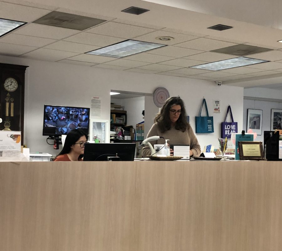 Director Krystal Gulley and young adult librarian Lisa Johnson work at the main desk on keeping things running smoothly at the library.