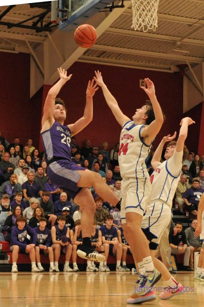 Senior Reed Rider rebounds in last season's final game against Massac County. Rider will be one of the varsity starters leading the Dogs this season.