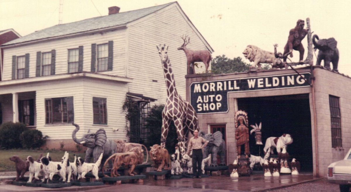 Herman Morrill poses outside his Auto Shop in Carmi, Illinois. The photo features a bulldog statue in the garage area that looks very familiar.
Photo provided. 