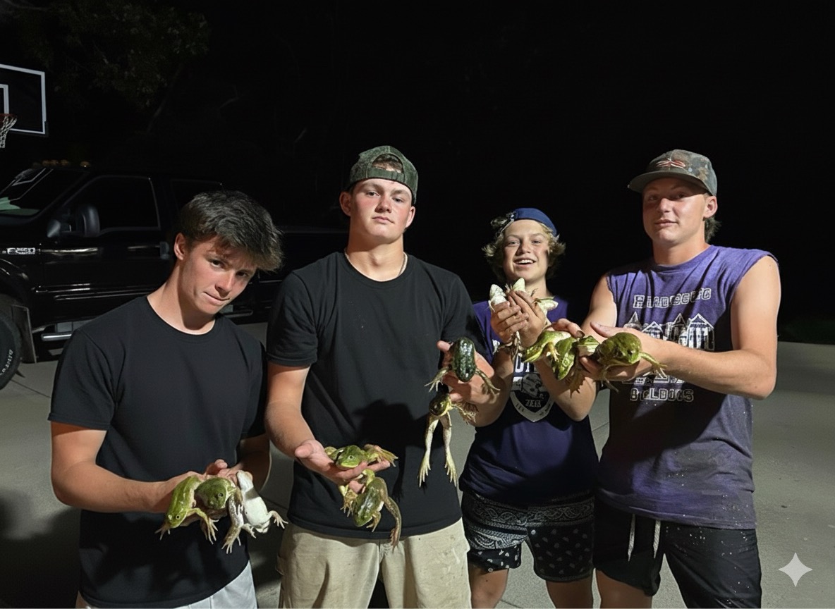 Juniors Isacc Crabb, Burke Wilson along with freshman Fin Pilcher and sophomore Brooks Wilson show their catch of frogs after a late night trip “gigging” frogs. The frogs, particularly their legs,
can be harvested after hunting and eaten.